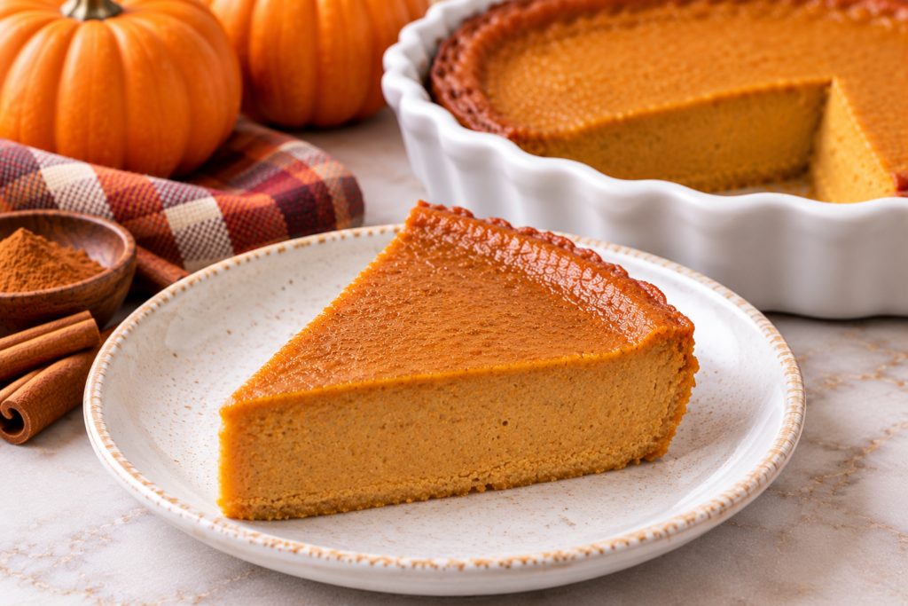 Crustless keto pumpkin pie slice served on a plate with the remaining pie in a baking dish