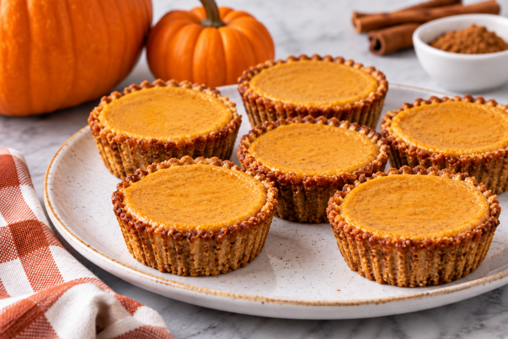 Mini keto pumpkin pies with almond flour crusts arranged on a plate with pumpkins in the background