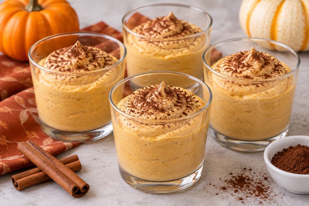 Keto pumpkin mousse in four glass cups dusted with cocoa powder and surrounded by fall pumpkins