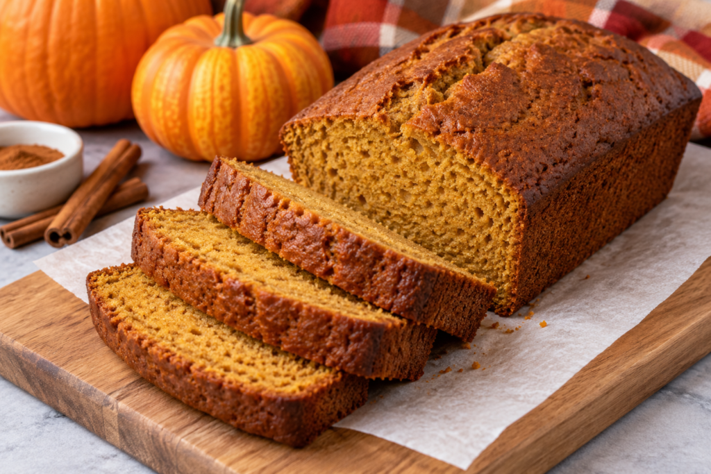 Keto pumpkin bread loaf and slices on a wooden board with pumpkins in the background