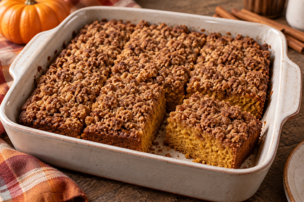 Keto pumpkin coffee cake with cinnamon crumble topping in a baking dish