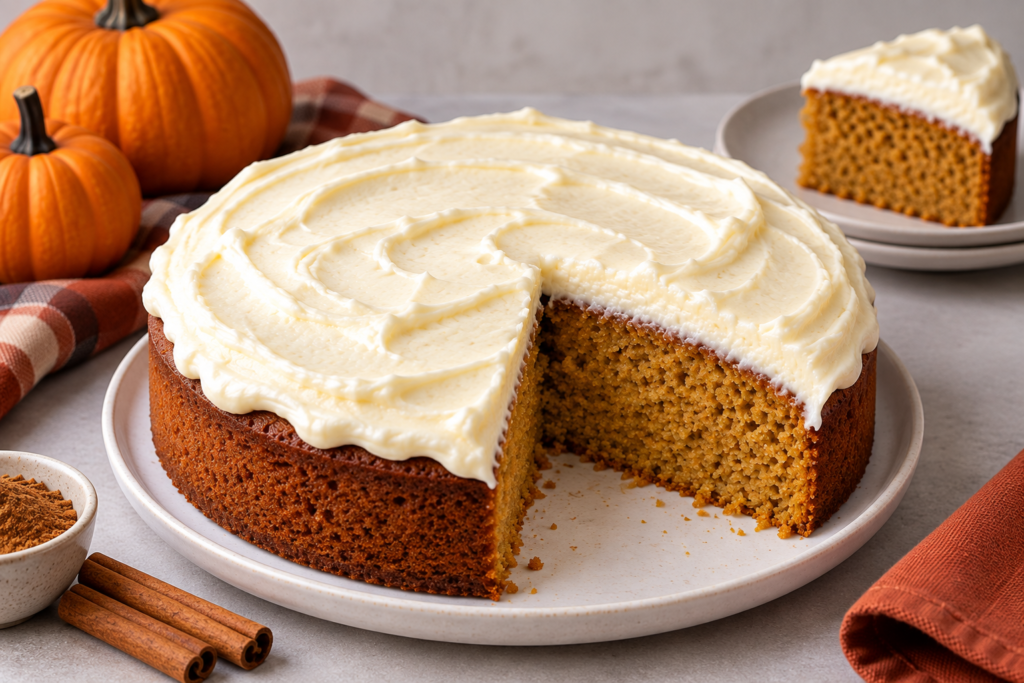 Keto pumpkin cake with cream cheese frosting and a slice removed to show the pumpkin crumb