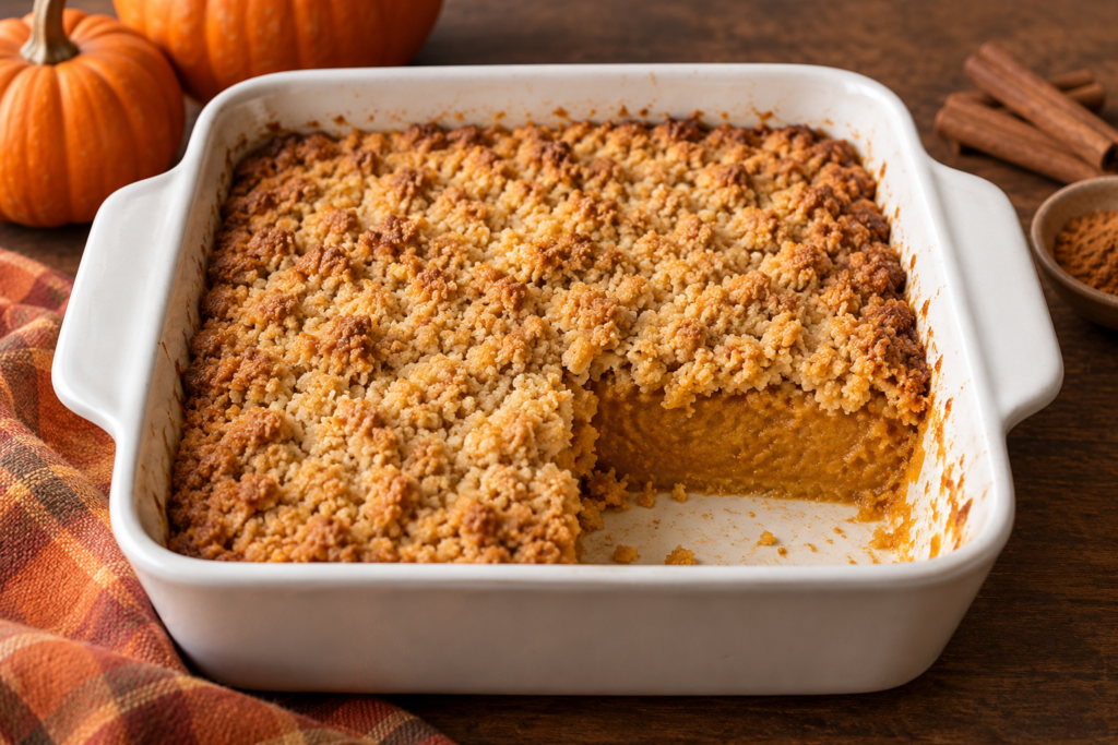 Keto pumpkin dump cake with almond-flour crumble over a soft pumpkin filling