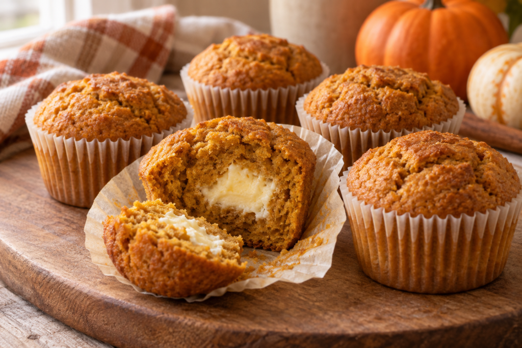 Keto pumpkin cream cheese muffins with a creamy center on a wooden board