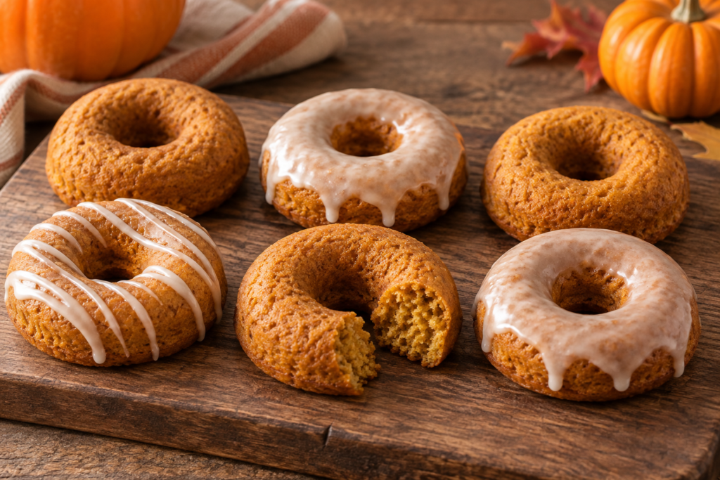 Keto pumpkin donuts with vanilla glaze on a wooden board