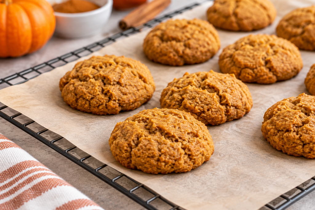 Keto pumpkin cookies on parchment paper over a wire cooling rack with pumpkins in the background