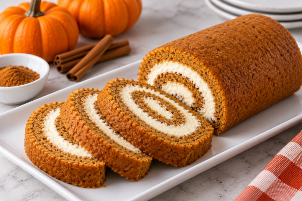 Keto pumpkin roll slices with cream cheese filling on a white platter with pumpkins in the background