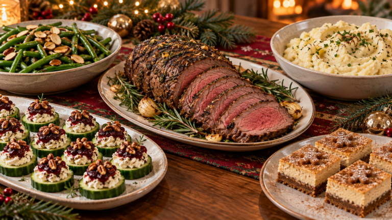 Keto Christmas dinner spread with beef tenderloin, green beans almondine, cauliflower mash, cucumber bites, and cheesecake bars