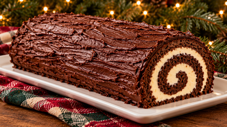 Chocolate Yule Log with spiral cream filling for keto Christmas desserts