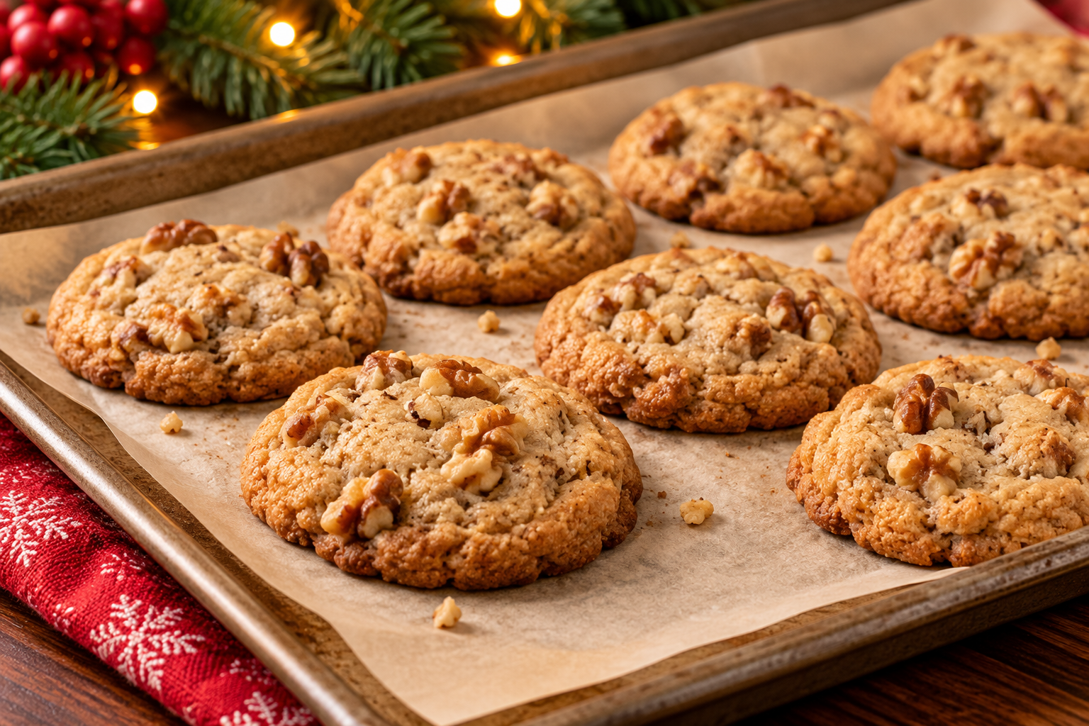 Brown butter walnut cookies with toasted walnut pieces on parchment