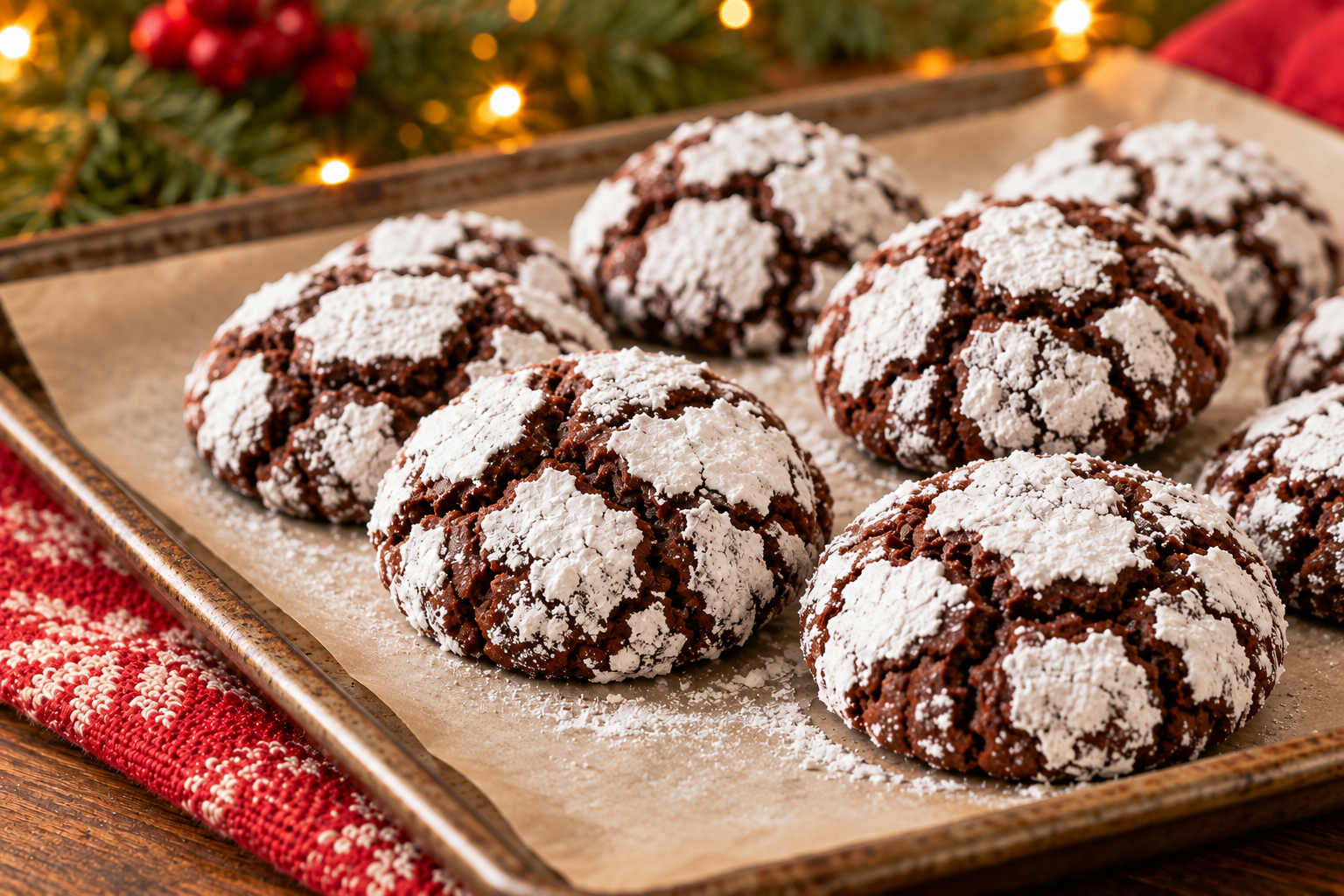 Chocolate crinkle cookies with crackled powdered sweetener coating on parchment
