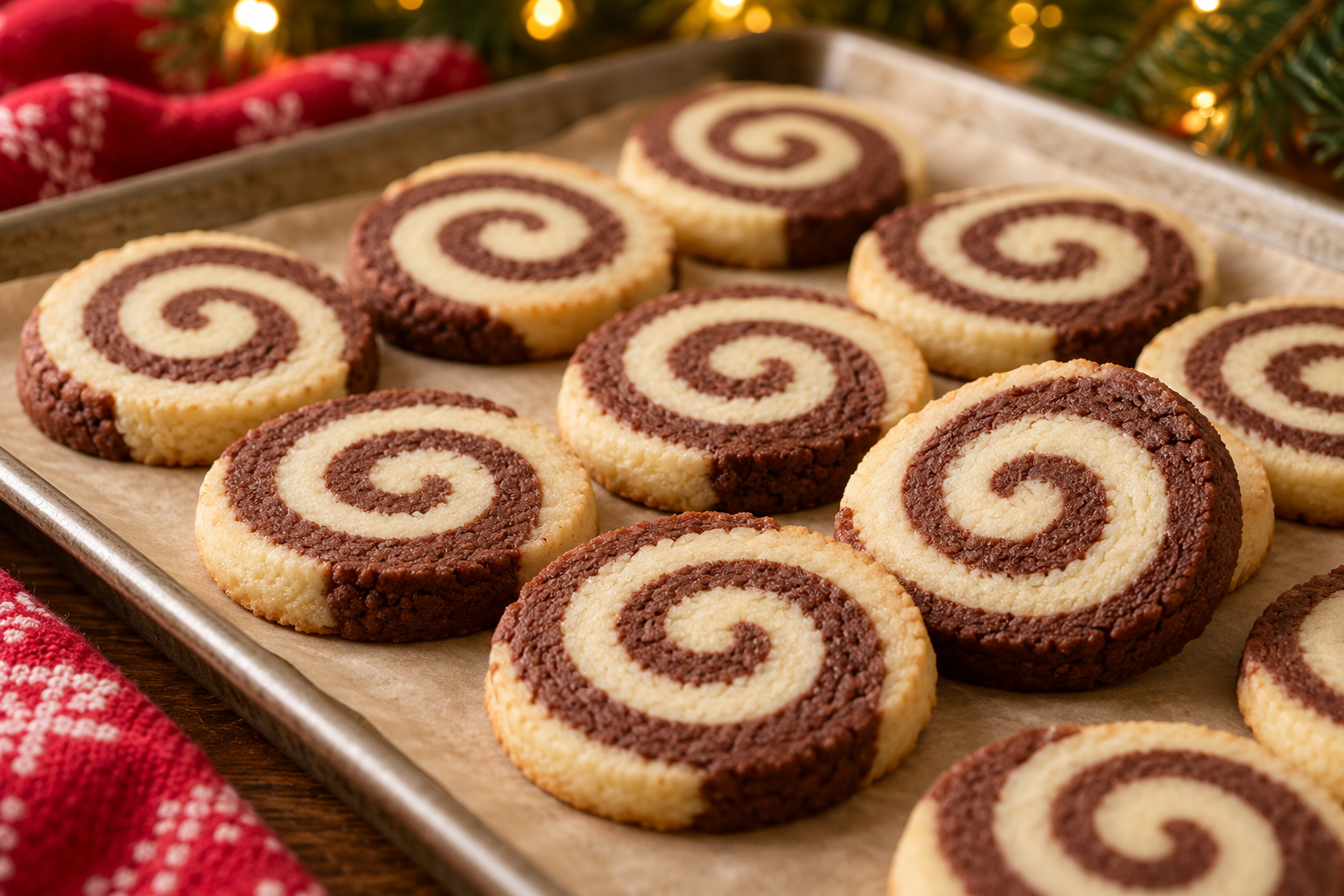 Chocolate-peppermint pinwheel cookies with two-color spirals on parchment