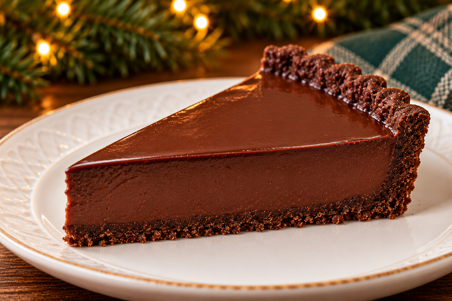 Slice of chocolate-peppermint tart with dark ganache and cocoa-almond crust