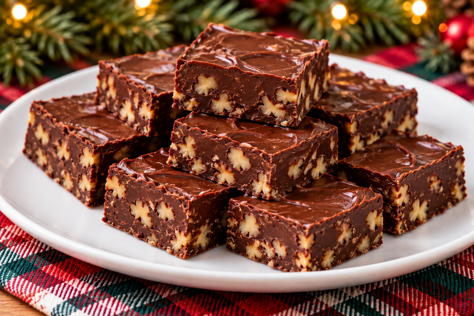 Chilled chocolate-walnut fudge squares with walnuts mixed throughout.