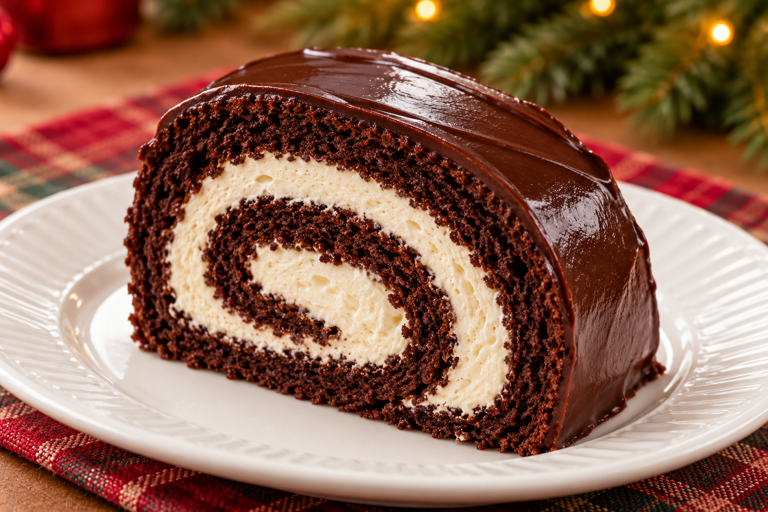 Slice of chocolate Yule log with pale mascarpone cream filling and smooth dark chocolate ganache.