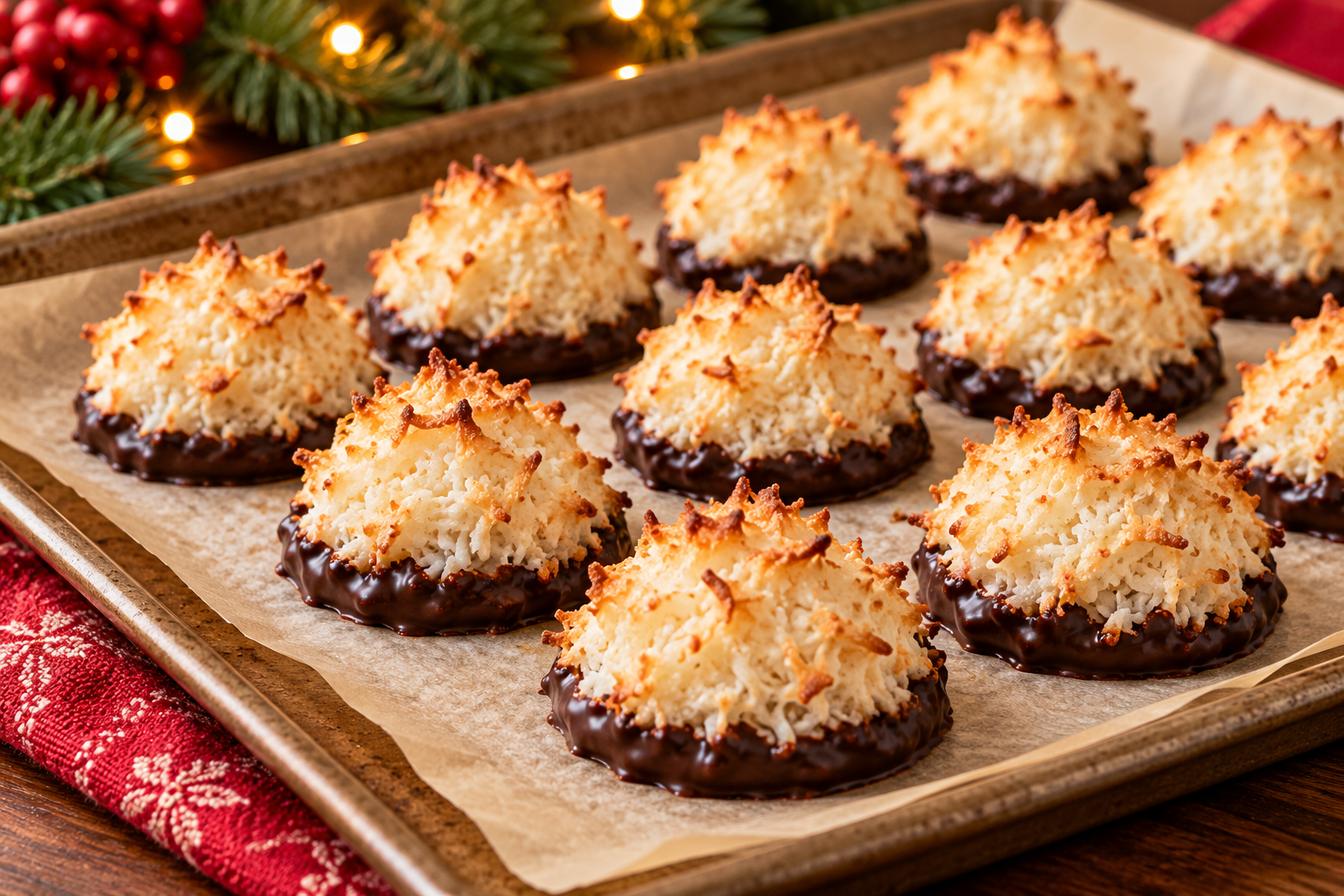 Coconut macaroons with dark chocolate dipped bottoms on parchment