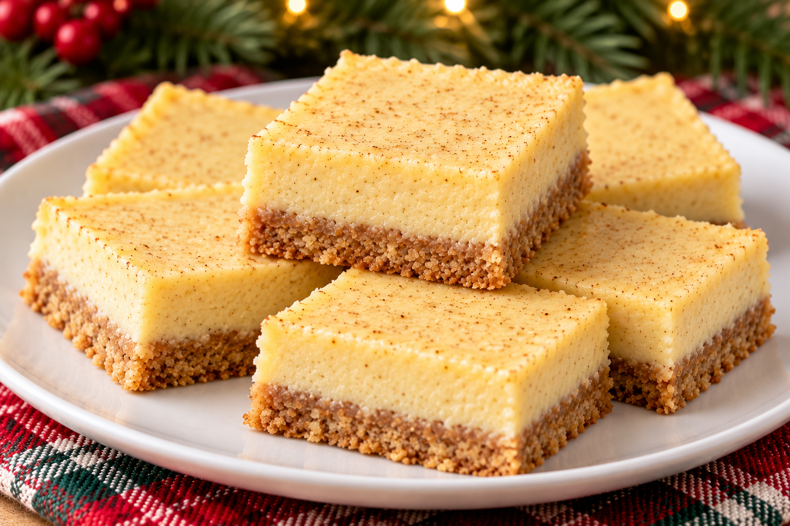 Chilled eggnog custard bars with a golden almond-flour crust.