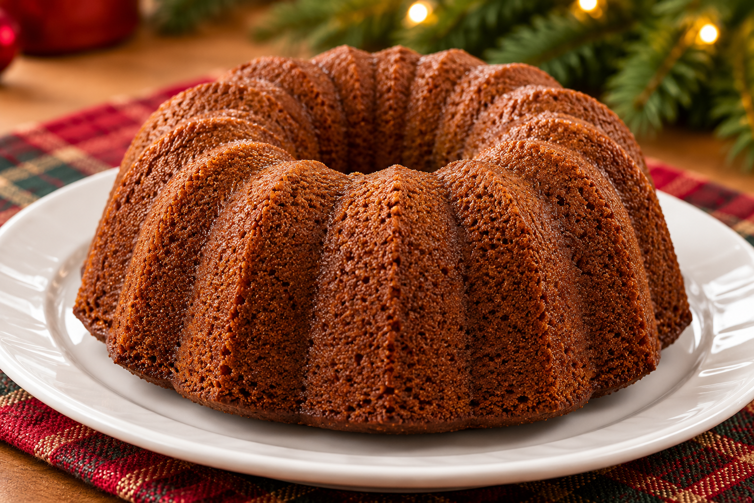 Plain gingerbread Bundt cake with deep ridges on a white plate.