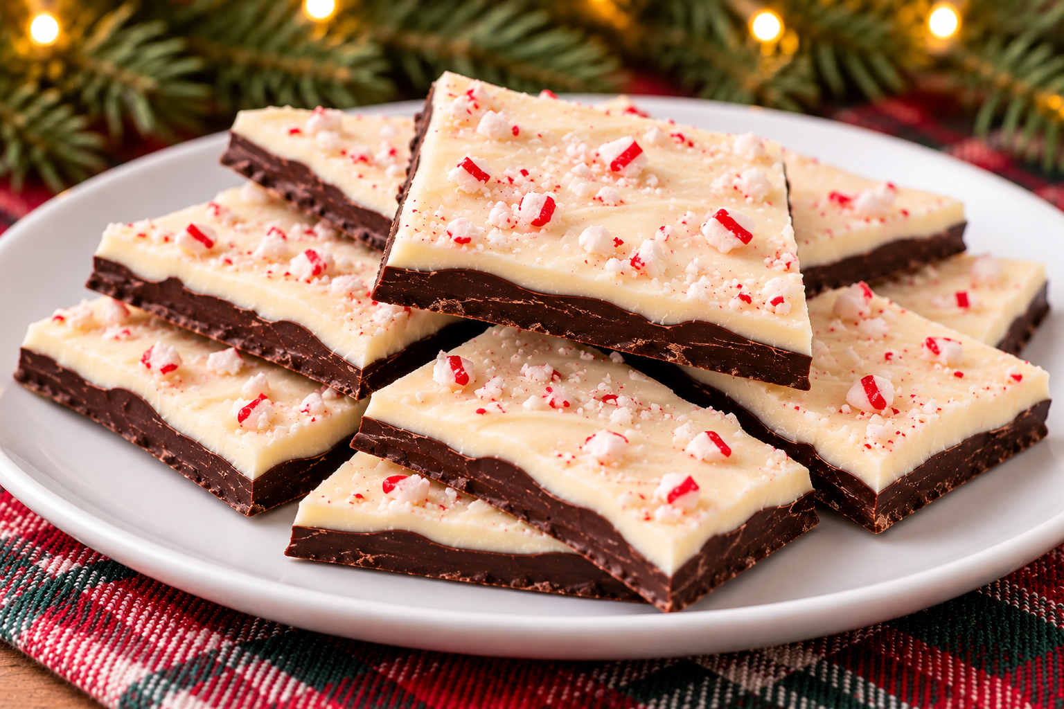 Layered dark and white chocolate peppermint bark with a light candy scatter.