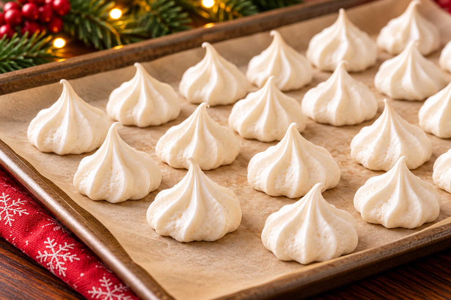 Small peppermint meringue kisses piped with a star tip on parchment