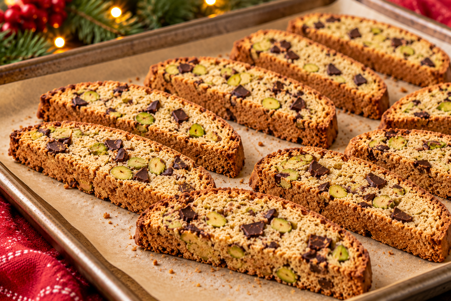 Pistachio dark chocolate biscotti slices with chopped pistachios and dark chocolate