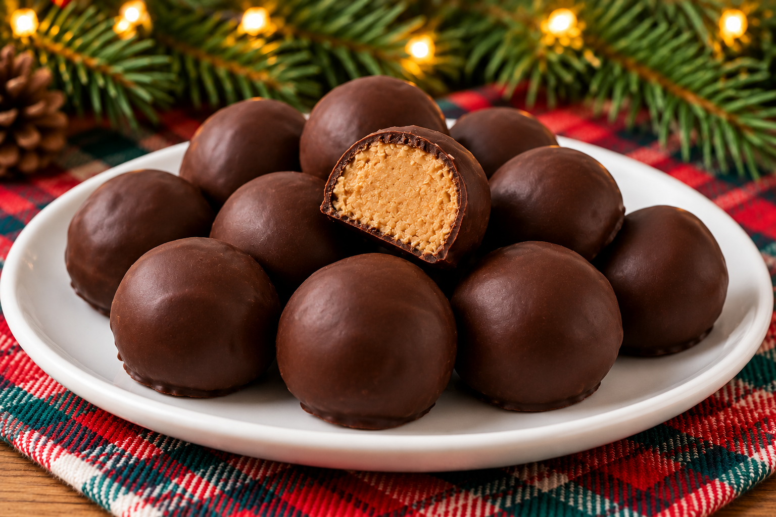 Dark chocolate peanut butter balls with one cut open to show the creamy center.
