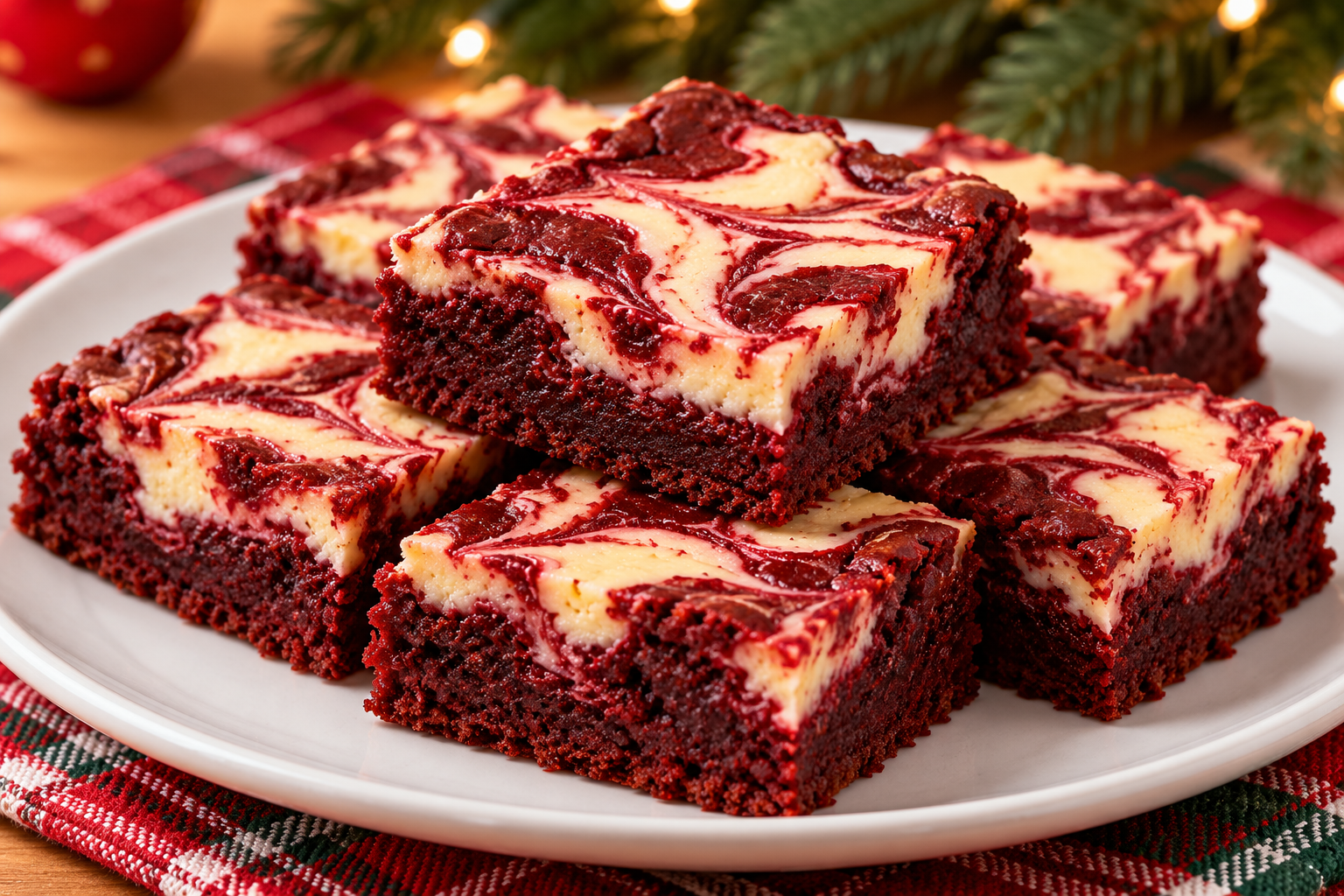 Red velvet cheesecake brownies with pale cheesecake swirls.