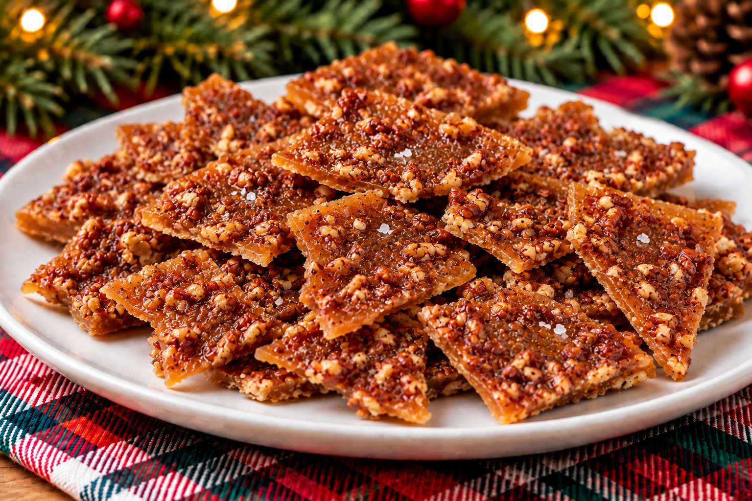 Thin salted pecan toffee shards with chopped toasted pecans.